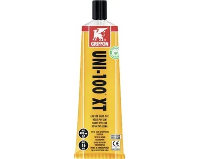 A tube of Griffon UNI-100 XT adhesive for PVC pipes is shown against a white background.