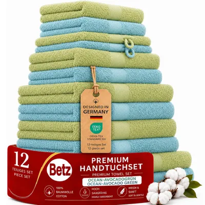 Produktbild von Betz 12-tlg. Handtuch-Set PREMIUM 2 Duschtücher 4 Handtücher 2 Gästetücher 2 Seiftücher 2 Waschhandschuhe  Farbe: ocean / avocadogrün, KI-generiertes Bild