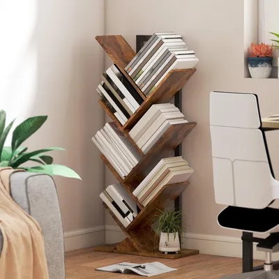 Produktbild von SUGIFT Standregal Industrial, Bücherregal Baumform 7 Ebenen, Schmal Regal Rustikal, Stahl-Holz  |  Kippschutz  |  8,8 kg  |  50x24x109 cm