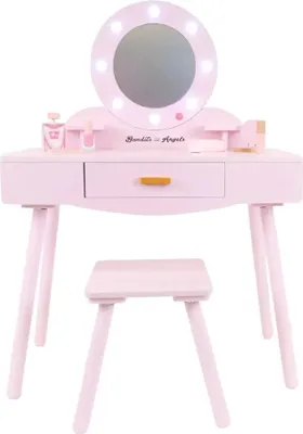 Produktbild von Bandits & Angels Kinderschminktisch Sofia Pink mit Spiegel und Beleuchtung für Mädchen ab 3 Jahren - Schminktisch aus Holz - Schminktisch inklusive Hocker - Für Kinder