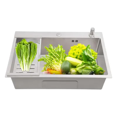 Produktbild von Edelstahl-Küchenspüle, Waschbecken mit Seifenspender Abtropfkorb, Küchenspüle ohne Wasserhahn, Silber