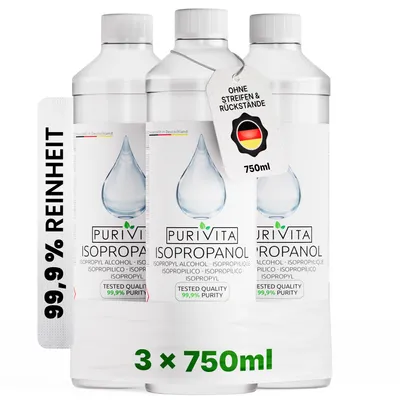 Produktbild von PURIVITA® Isopropanol 99,9 % Reinigungsalkohol, Entfetter für Elektronik, 3 x 750 ml
