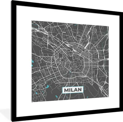Produktbild von MuchoWow® Gerahmtes Poster Mailand - Stadtplan - Blau - Karte 40x40 cm - Poster mit Schwarzem Bilderrahmen Wandposter Rahmen Foto Bilder - Poster - Plakat im Rahmen