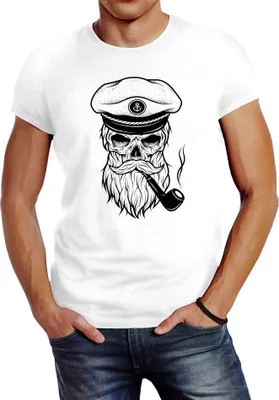 Produktbild von Herren T-Shirt Totenkopf Kapitän Captain Skull Hipster Slim Fit Neverless® weiß XS