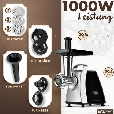 A collage of images showcasing a meat grinder and its accessories, with text highlighting its features and specifications.