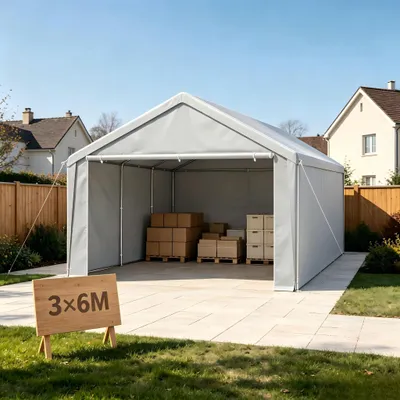 Produktbild von UISEBRT 3MX6M Grau Carport mit Stahlrohrgestell, PE-Dach abnehmbare Seitenwände, inkl. Windseile & Erdspießen für PKW, Motorräder und Gartengeräte