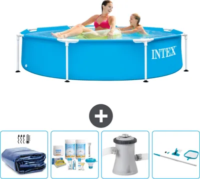 Produktbild von Intex-Schwimmbecken mit rundem Rahmen – 244 x 51 cm – Blau – im Lieferumfang enthalten Sonnensegel - Wartungspaket - Filterpumpe für Schwimmbad - Reinigungskit