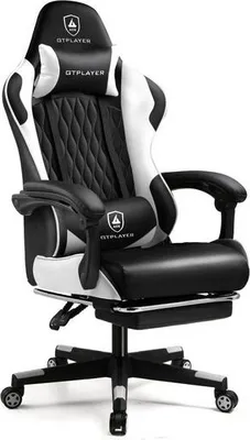 A gaming chair with a black and white color scheme, shown from the front.