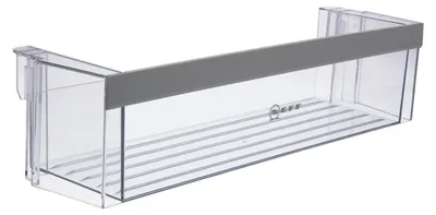 A clear plastic refrigerator door shelf with a gray trim.