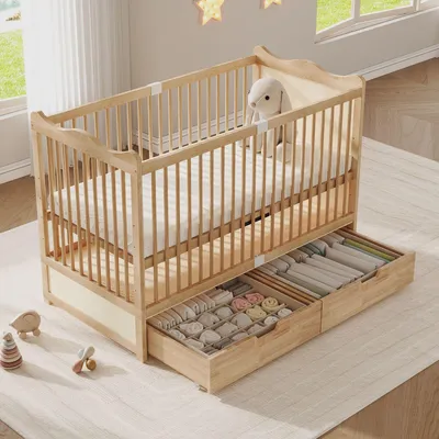 Image de Lit bébé Merax en bois, dimensions 70 x 140 cm, avec 2 tiroirs, sommier à lattes réglable en hauteur (4 positions), en bois de pin, design à motifs ondulés, finition naturelle