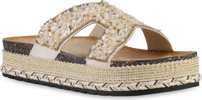 Produktbild von VAN HILL Damen Pantoletten Sandaletten Nieten Zierperlen Plateau Schuhe 841547, Farbe: Beige, Größe: 37
