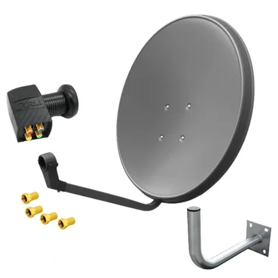 A satellite dish antenna kit with accessories, laid out on a white background.