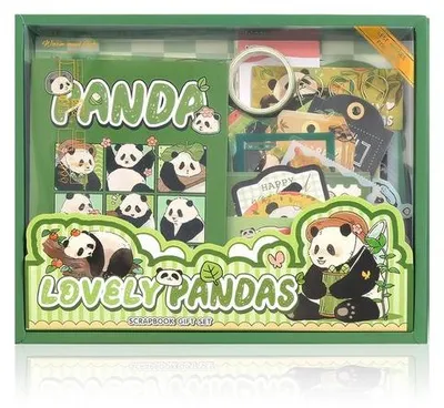 Produktbild von Scrapbook-Zubehör-Set mit A6-Notizbuch - Waschstreifen - Sticker - Dekoratives Papier - Panda-Design - 23 x 18,5 x 2,5 cm - Scrapbooking-Kollektion
