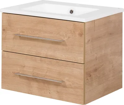 Produktbild von FACKELMANN Waschtischunterschrank inkl. Keramikbecken B.PERFEKT / Soft-Close-System / Maße (B x H x T): ca. 63 x 51 x 48 cm / Waschbeckenunterschrank & Waschtisch / Schrank: Braun / Becken: Weiß