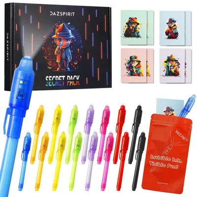 Produktbild von Geheimstift und Notizbuch-Set 16 Stück mit UV-Licht | Unsichtbarer Stift für Kinder | Partytütenfüller Detektiv-Thema
