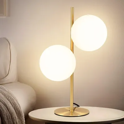 Image de Lampe de chevet ZMH, dorée, à deux bras, lampe de table en métal avec abat-jour en verre blanc, interrupteur intégré, douille E27, idéale pour le salon, la chambre à coucher ou la chambre d'enfant