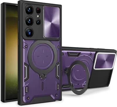 Produktbild von Handyhülle für Samsung Galaxy S23 Ultra Dual-Layer Stoßfest Rüstung Hülle mit Dia Kameraschutz und Kreisförmig Ring Ständer Lila