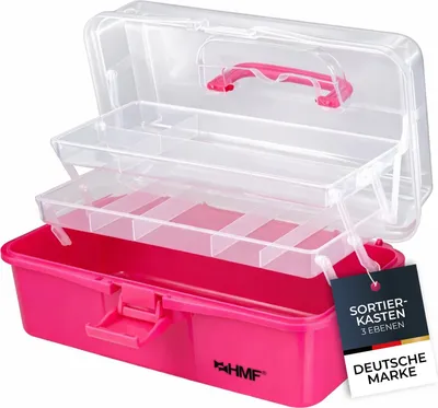 HMF Nähkasten aufklappbar mit 3 Ebenen, Sortierbox für Kleinteile in Pink