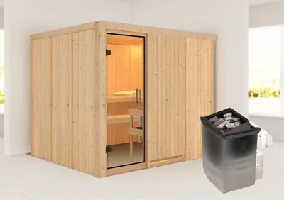 Produktbild von Karibu Sauna Innensauna Gobin Fronteinstieg Ofen 9 kW integr. Strg 231x196x198 cm ohne Dachkranz mit Klarglastür