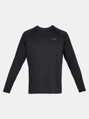 A black long-sleeved shirt with a grey Under Armour logo on the chest, presented on a white background.