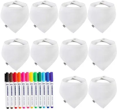 Produktbild von Babykunststof Slabben in Weiß für das Malen Dreieckige Tücher aus Baumwolle und 12 professionelle Textilmalstifte Ideal für DIY-Kunst und Malerei für Babyfeiern