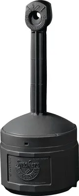 A black, freestanding ashtray with a tall stem and a wide base.