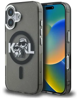 Image de Étui Karl Lagerfeld IML Glitter, motif Karl & Choupette, logo, compatible MagSafe, pour iPhone 16, couleur noire