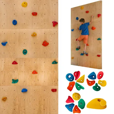 A collage of images showing a wooden climbing wall with colorful climbing holds, a child climbing on a similar wall, and a collection of climbing holds.