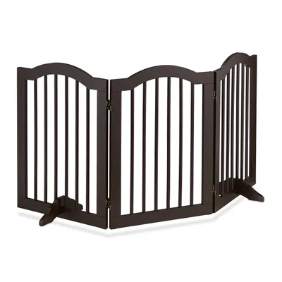 Zdjęcie produktu dla Barierka Relaxdays, wolnostojąca, składana, z nóżkami, wymiary: 70 x 154 x 30 cm, barierka ochronna dla psów, barierka drzwiowa, brązowa