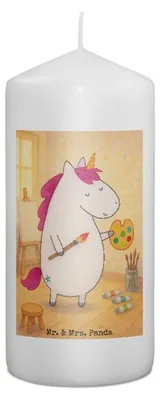 Produktbild von Mr. & Mrs. Panda Kerze Einhorn Künstler Design 15 x 7 cm - Weiß - Geschenk, Malen, Stumpenkerze, Einhörner, Erinnerungslicht, Blockkerze, Farbe, Deko, Wachskerze, Welt