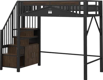 Produktbild von Loftbett Metall Hochbett Sicherheitszaun Fensterdesign Treppe Stauraum Kleiderschrank 90 x 200 cm Schwarz