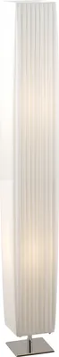 A tall, rectangular floor lamp with a white, pleated shade and a silver base.