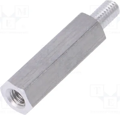 Obrázek produktu pro 10 kusů distančních spojek s závitem: vnitřní závit M3, 18 mm; vnější závit M3, 234 x 18 mm. Distanční prvky