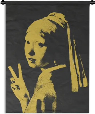 Produktbild von MuchoWow® Wandteppich Wandbehang Mädchen mit Perlenohrring - Vermeer - Schwarz - Gelb 150x200 cm Tapisserie Dekoration Wandtuch - Wandaufhängung - Moderner