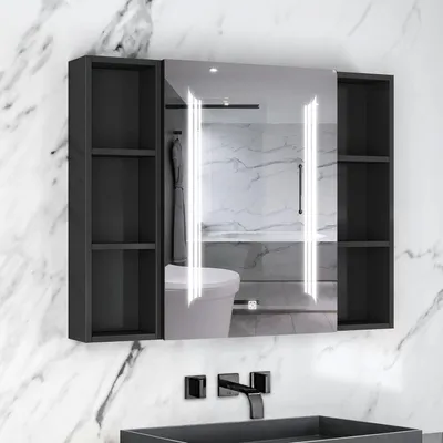 Produktbild von AICA LED Spiegelschrank mit Seiteschrank und Steckdose 100x70cm | Touchschalter | 3 Lichtfarben dimmbar | Anti-Beschlag | Hochglanz Schwarz