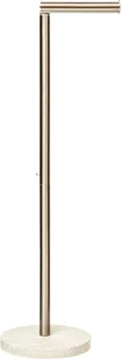 A freestanding toilet paper holder with a marble-effect base and a silver-colored pole and arm.