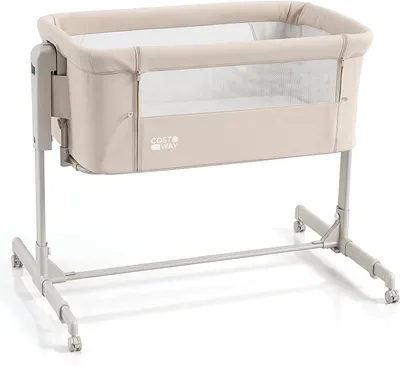 Image de COSTWAY, lit d'appoint pour bébé 3 en 1, avec réglage de hauteur sur 6 niveaux et 4 roues avec frein, berceau, lit pour nouveau-nés de 0 à 6 mois, couleur beige