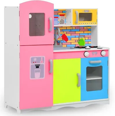 Imagen del producto de Cocina de juguete para niños, fabricada en MDF, con dimensiones de 80 x 30 x 85 cm, en varios colores, y de construcción robusta