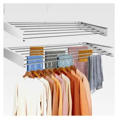 Produktbild von Ausziehbarer Wäscheständer, 100 cm Wäschetrockner für die Wand, 6 Aluminiumstangen, Wandmontage, drinnen|draußen, Balkon|Terrasse (Weiß)