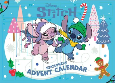 Stitch and Angel characters from Disney are depicted ice skating on a blue background, surrounded by festive Christmas elements like trees, holly, and a gingerbread man. The image is designed as a stationery advent calendar.