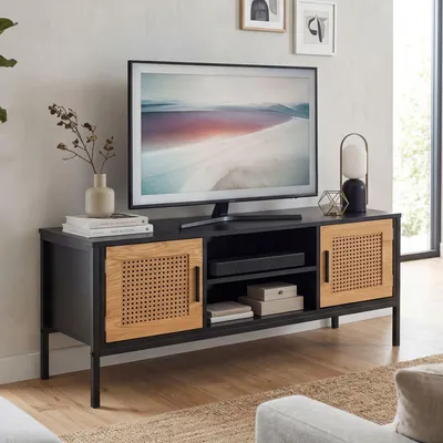 Zdjęcie produktu dla FineBuy, komoda pod telewizor, czarny/dębowy, z wplecioną strukturą "Wiener Geflecht", wymiary 110x48x40 cm. Klasyczna komoda pod telewizor, wysoka szafka RTV, stolik pod telewizor, komoda z drzwiczkami