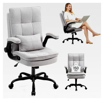 Produktbild von Ergonomischer Bürostuhl | Hochklappbare Armlehnen & Hohe Rückenlehne | Höhenverstellbar & Wippfunktion | Chefsessel bis 150 kg | Bürostühle Stoff, Grau