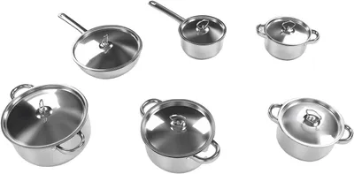 Produktbild von Edelstahl-Kochgeschirr-Set mit induktionsgeeigneten Töpfen und Pfannen