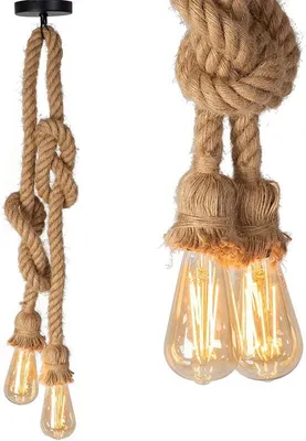 Two pendant lights made of rope with exposed bulbs, shown against a white background.