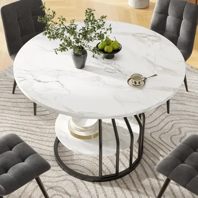 Image de OKWISH Table À Manger - Ronde Pour 4 Personnes Avec Plateau MDF Marbré Et Pieds Métal, Pour Salon Et Cuisine, 80 x 80 x H 76 cm - Noir