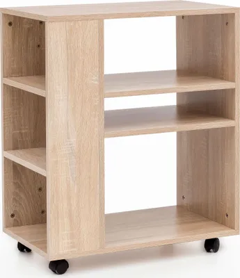 A light wood-colored shelving unit on wheels, shown from the front.