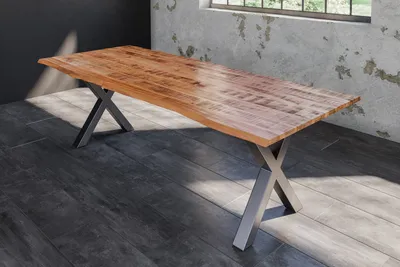 Produktbild von Baumkantentisch Esstisch Mangoholz massiv X-Gestell silber 220 x 100 cm DORA