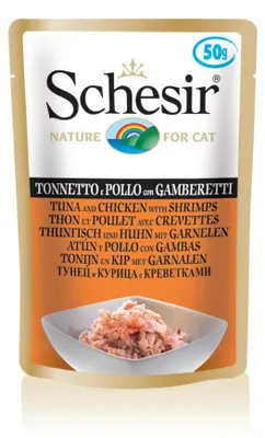 Produktbild von Katzenfutter mit Thunfisch, Huhn und Garnelen in Gelee (85-g-Beutel) - SCHESIR