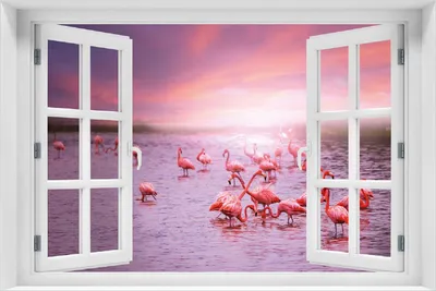 Produktbild von Wallario Poster mit Fenster-Illusion: Rosa Flamingos bei Sonnenuntergang, Größe: 100 x 150 cm