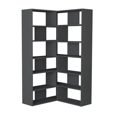 A dark gray corner bookshelf unit against a white background.